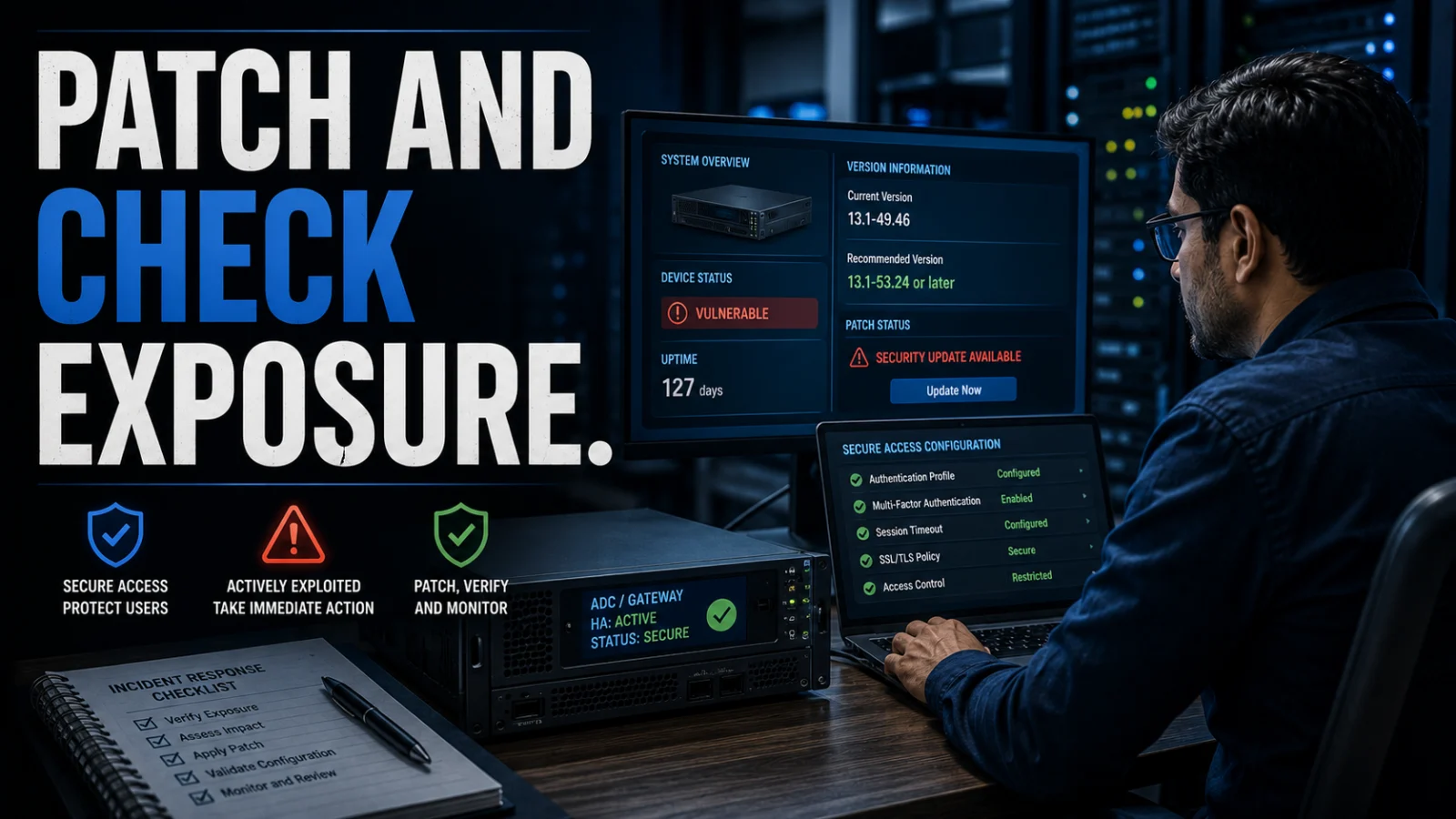 Cybersecurity analyst checking a NetScaler-style enterprise appliance for vulnerable build and exposure