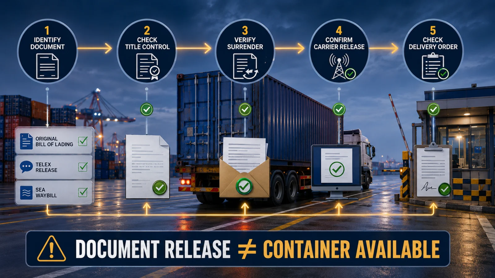 Five-step cargo-document release workflow from document type to delivery order