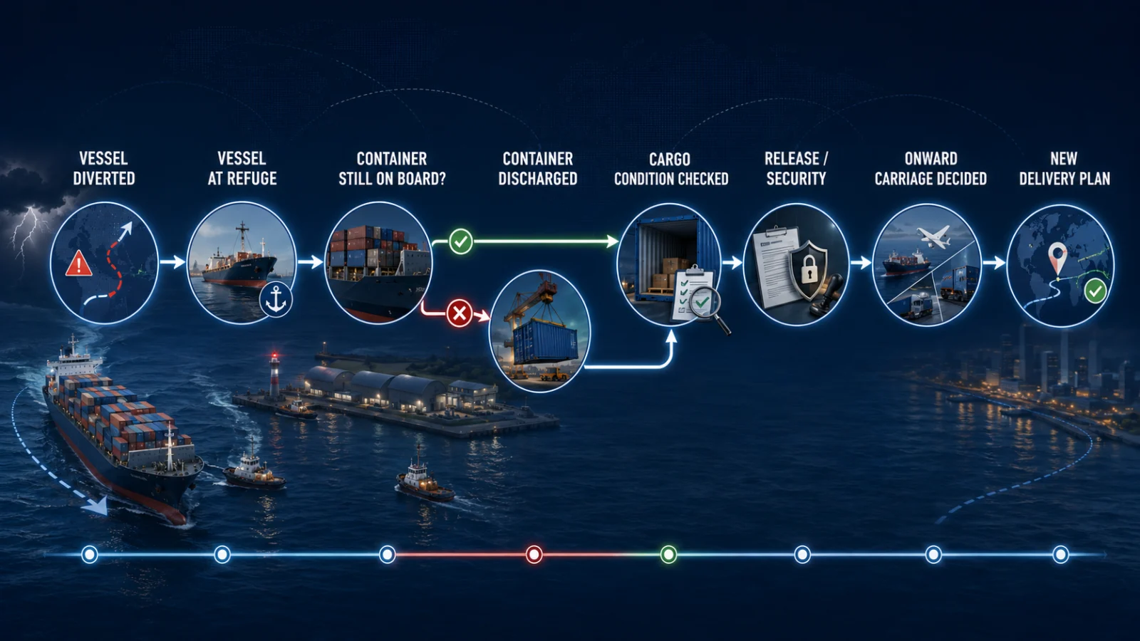 Port of refuge container workflow from vessel diversion to confirmed delivery plan