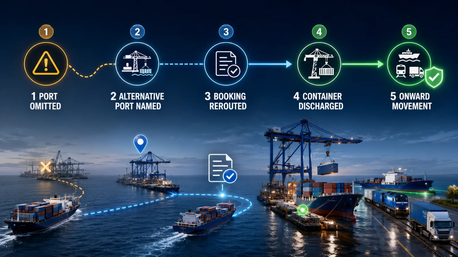 Port omission container verification workflow from skipped port to onward movement