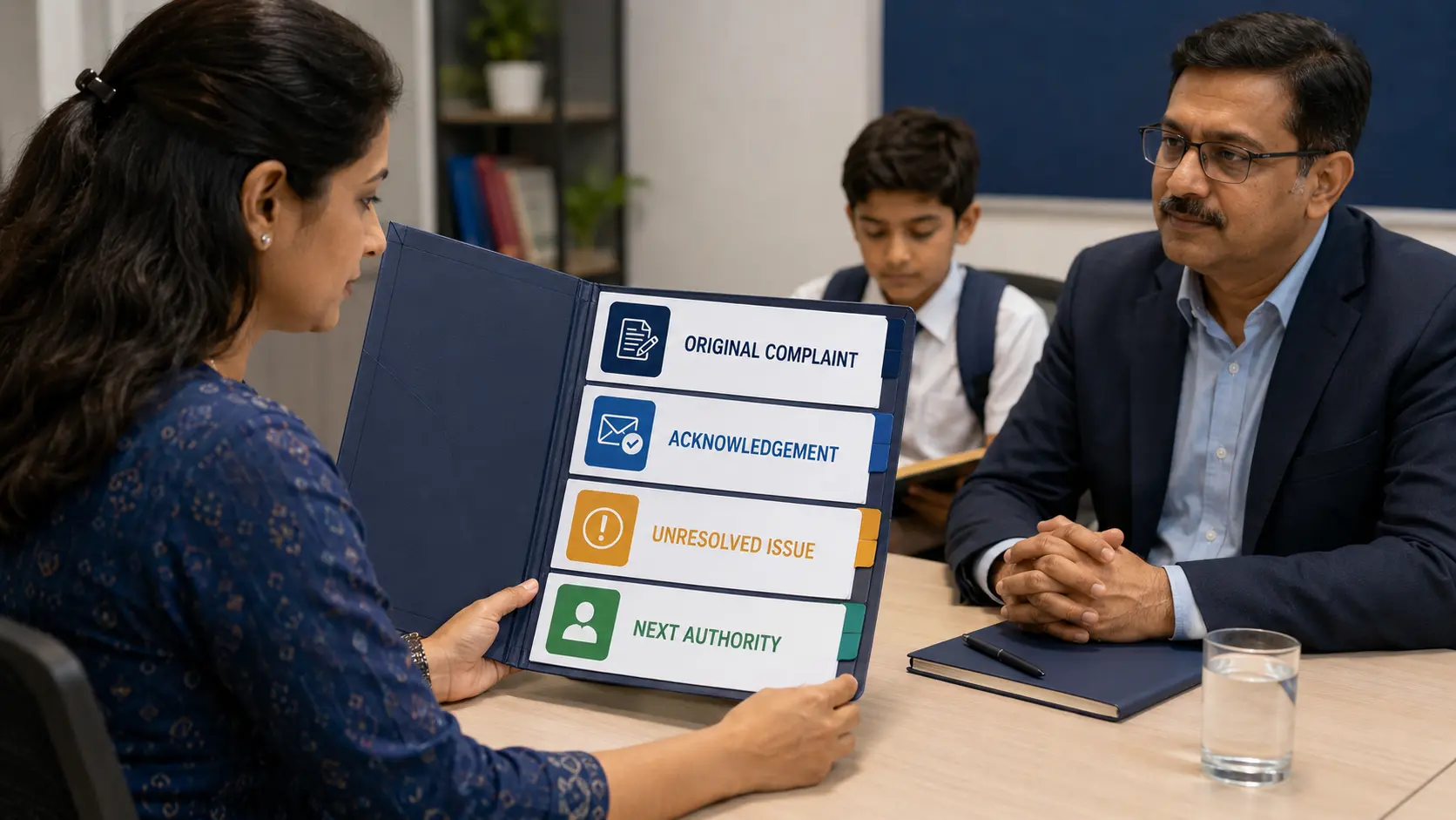 School complaint escalation India parent reviewing complaint record outside school