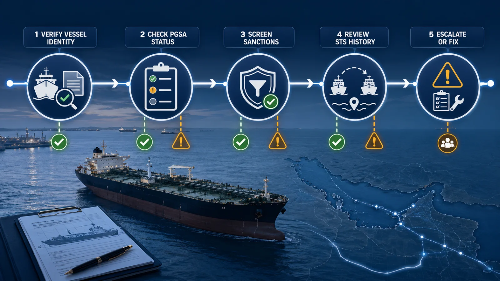 Five-step vessel screening workflow for Hormuz chartering compliance
