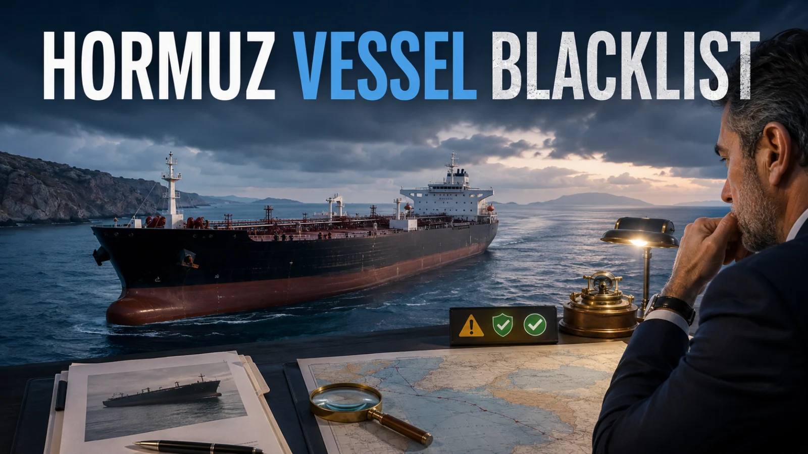 Article hero showing a cargo tanker under vessel blacklist and chartering compliance review in the Strait of Hormuz