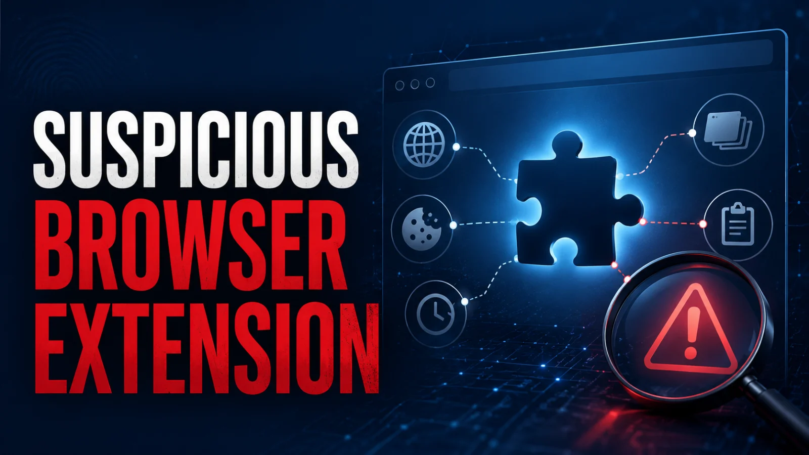 Suspicious browser extension article hero showing permission and website access review