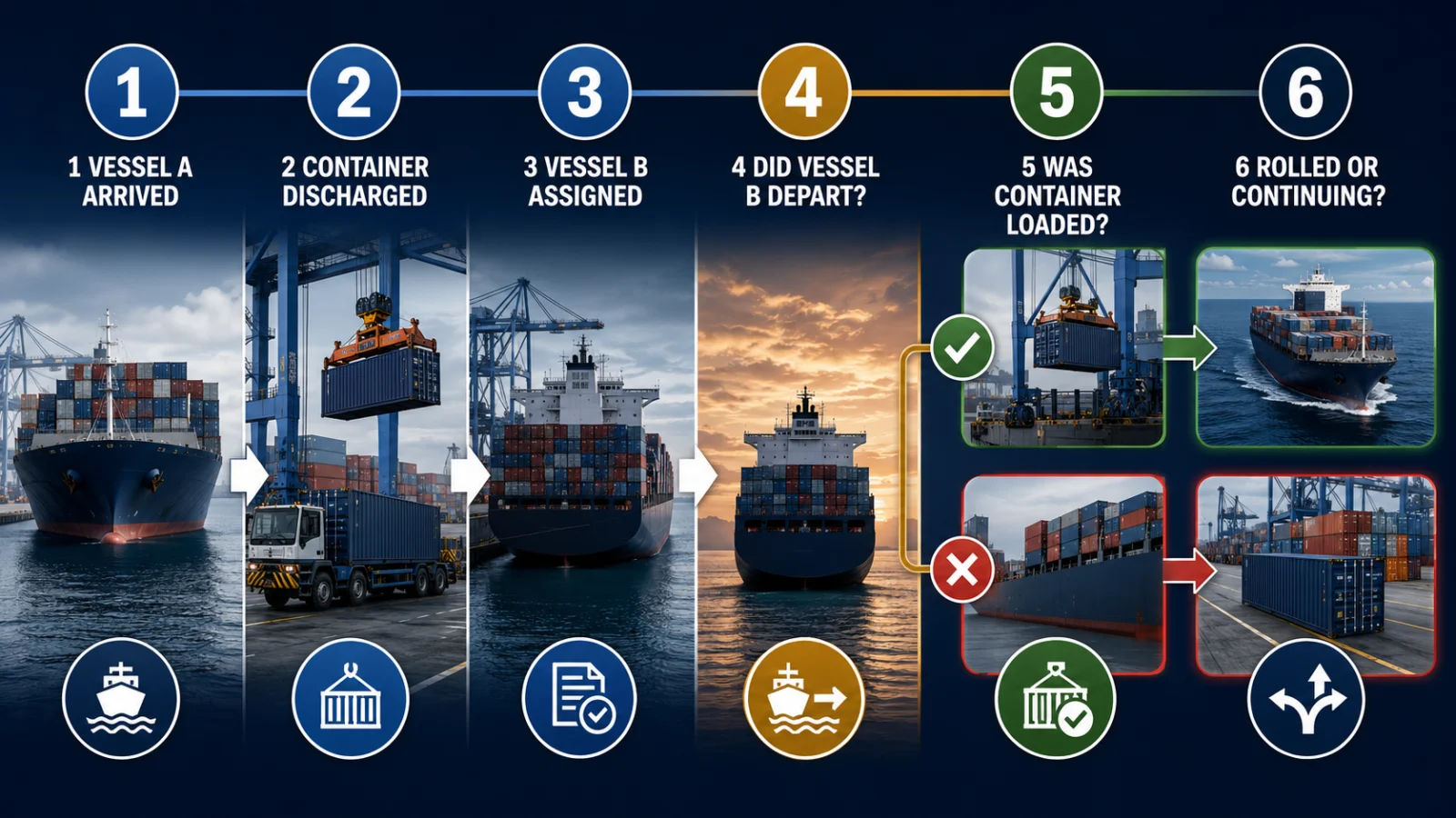 Container stuck transshipment port evidence workflow discharge next vessel load departure rollover