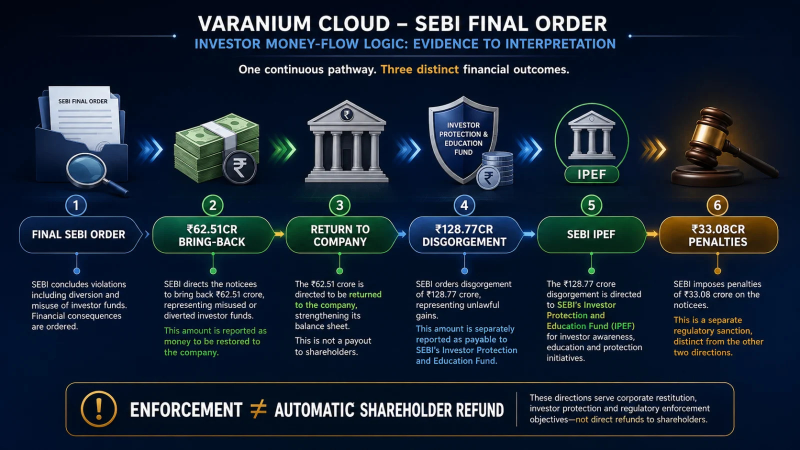 Varanium Cloud SEBI order money flow showing company recovery, disgorgement, penalties and no automatic shareholder refund