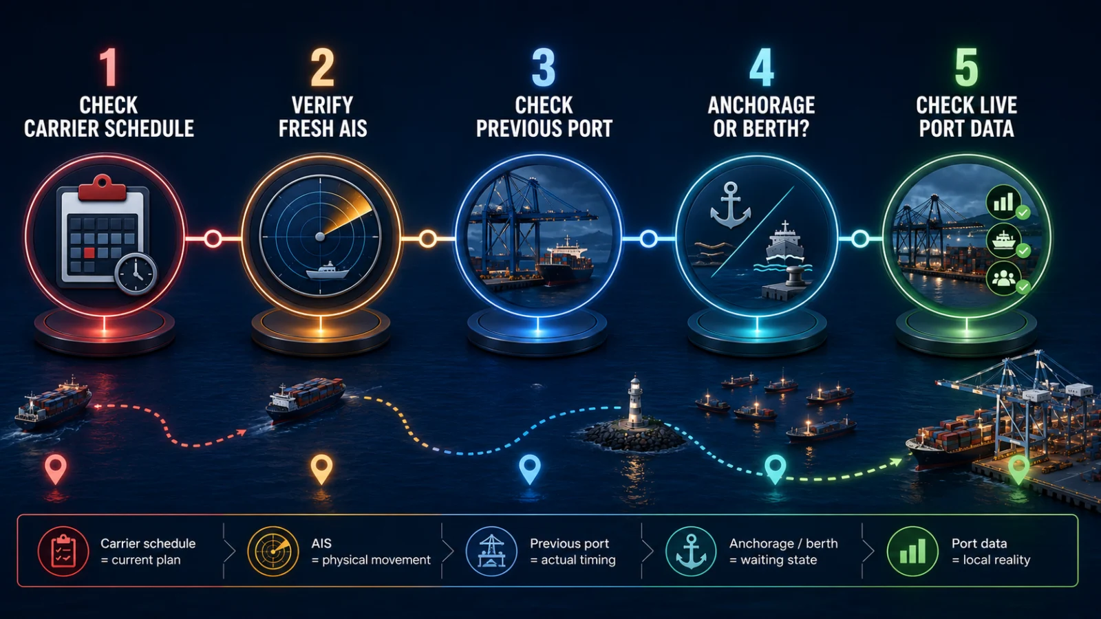 Vessel is late verification workflow using carrier schedule AIS and port data