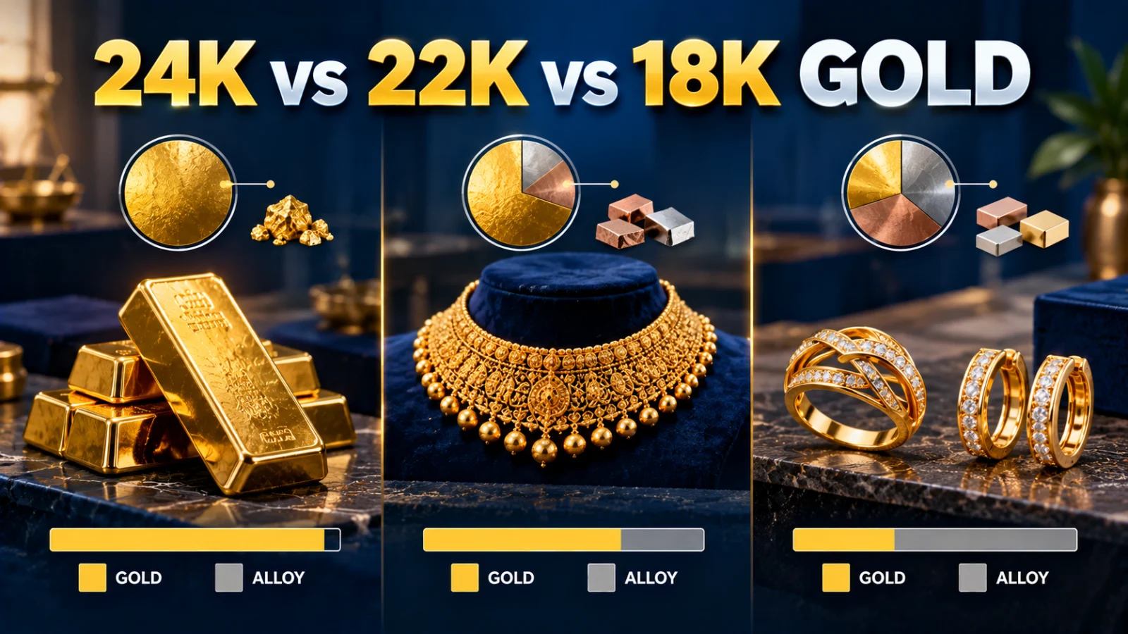 Three gold jewellery and bullion samples representing 24KS, 22K and 18K purity differences