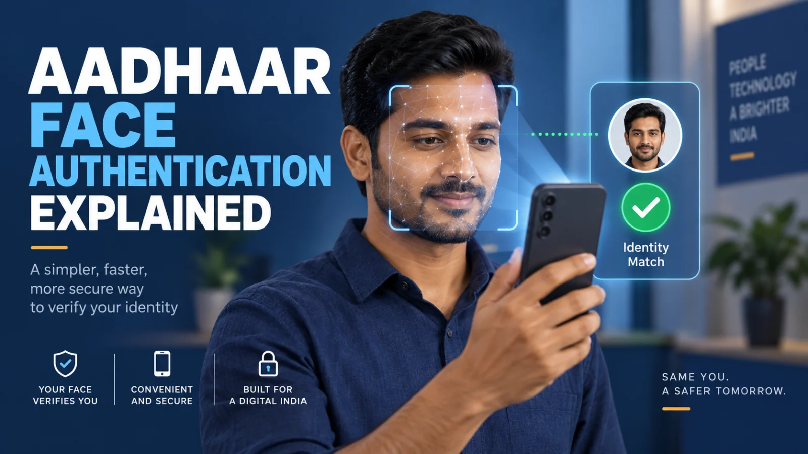 Editorial illustration of a person completing Aadhaar face authentication on a smartphone