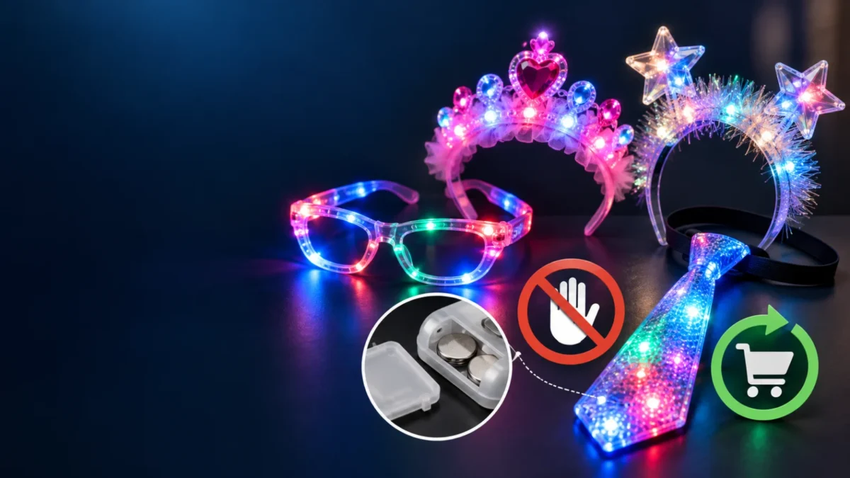 Text-free editorial illustration of recalled light-up children's glasses, headbands and tie with a button-cell battery hazard cue