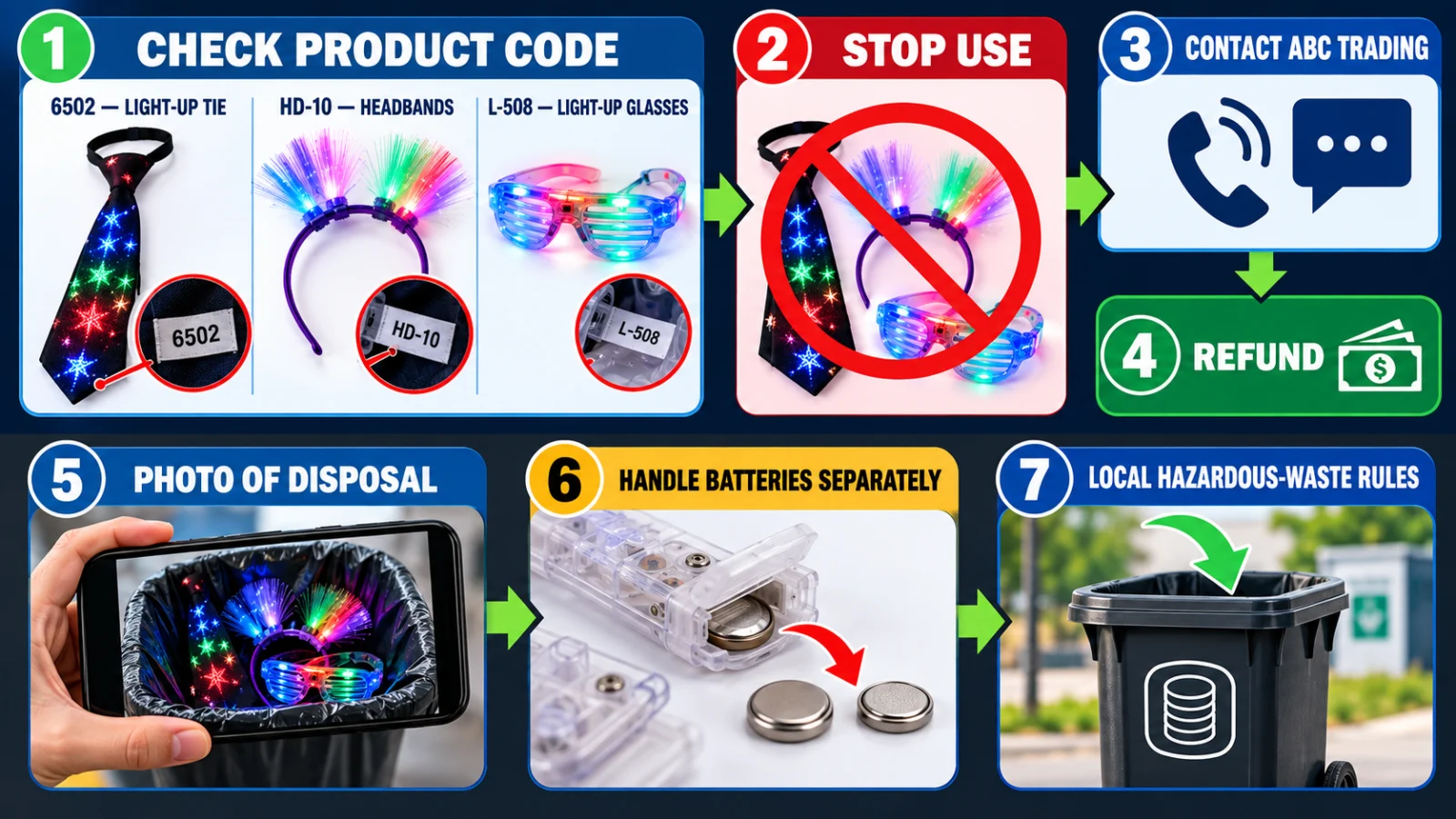 Infographic showing recalled ABC Trading light-up toy identifiers and the stop-use, refund and battery-disposal steps