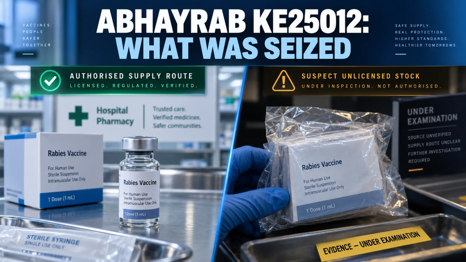 Editorial illustration of vaccine-source verification with the headline Abhayrab KE25012: What Was Seized