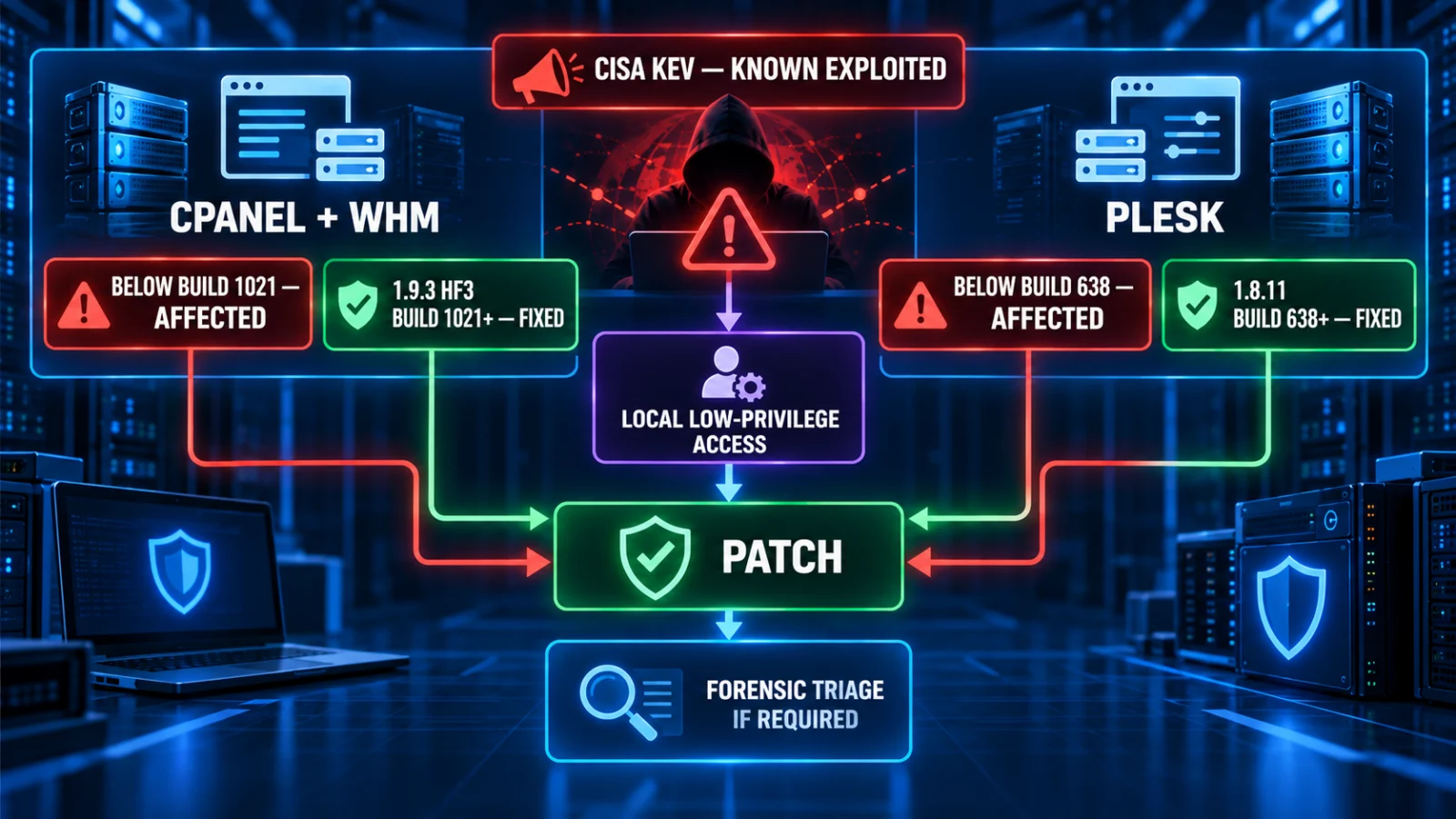 Infographic showing Acronis CVE-2026-87886 build checks for cPanel and Plesk plus forensic triage after patching