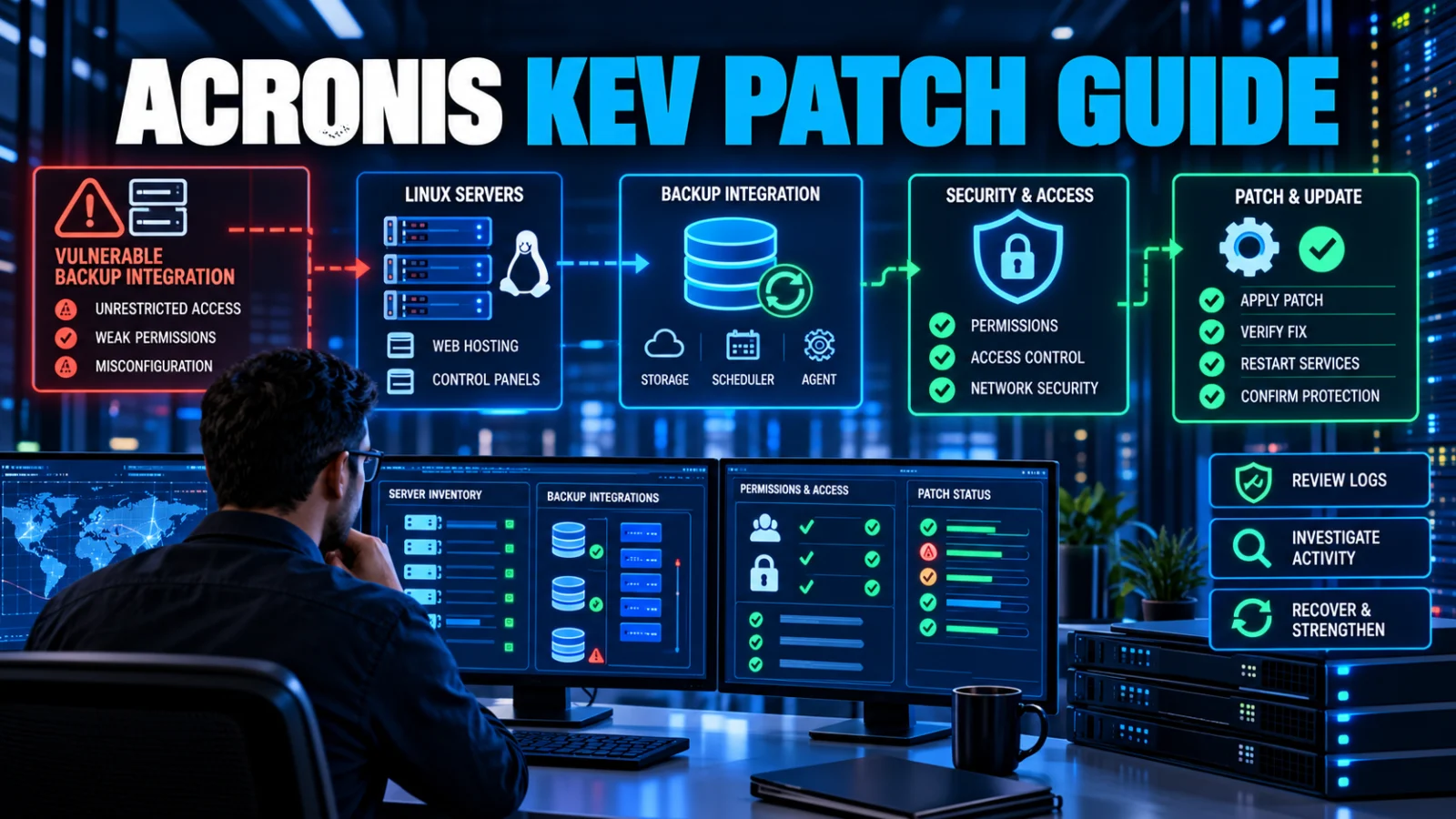 Hosting security administrator checking Acronis backup integration builds after CVE-2026-87886 entered CISA KEV