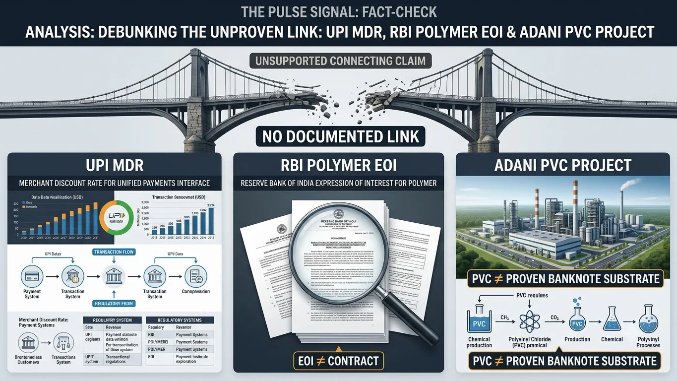 Evidence matrix separating UPI MDR, RBI polymer procurement, Adani PVC and the unsupported connection claim