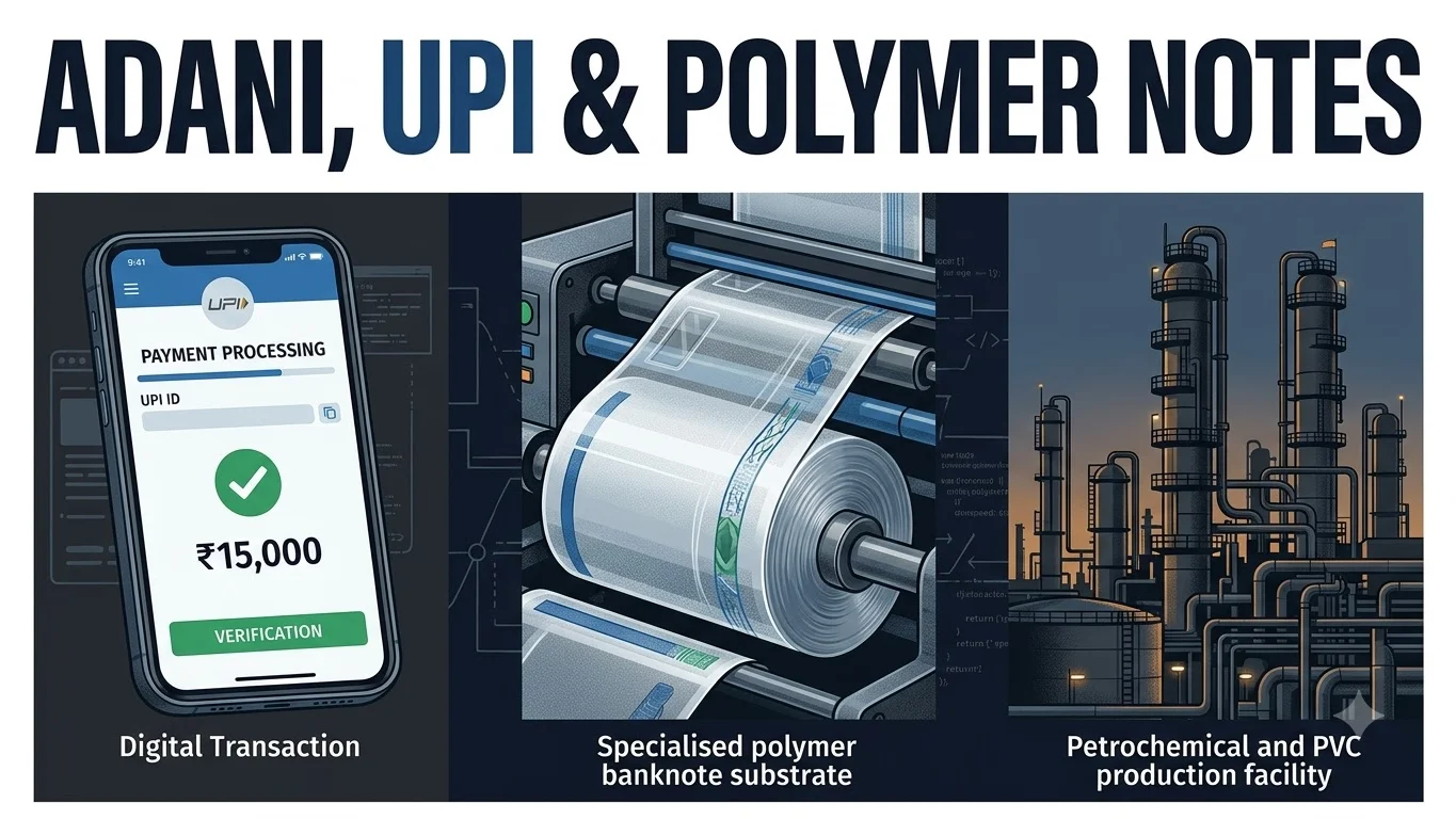 Editorial fact-check illustration comparing UPI policy, polymer banknotes and Adani PVC evidence