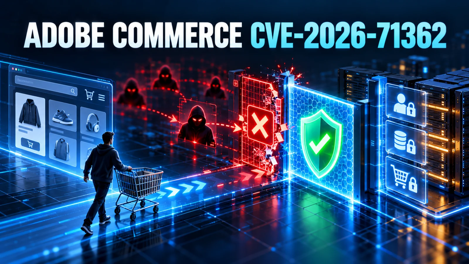 Editorial cybersecurity illustration of an ecommerce authorization vulnerability and patched access boundary