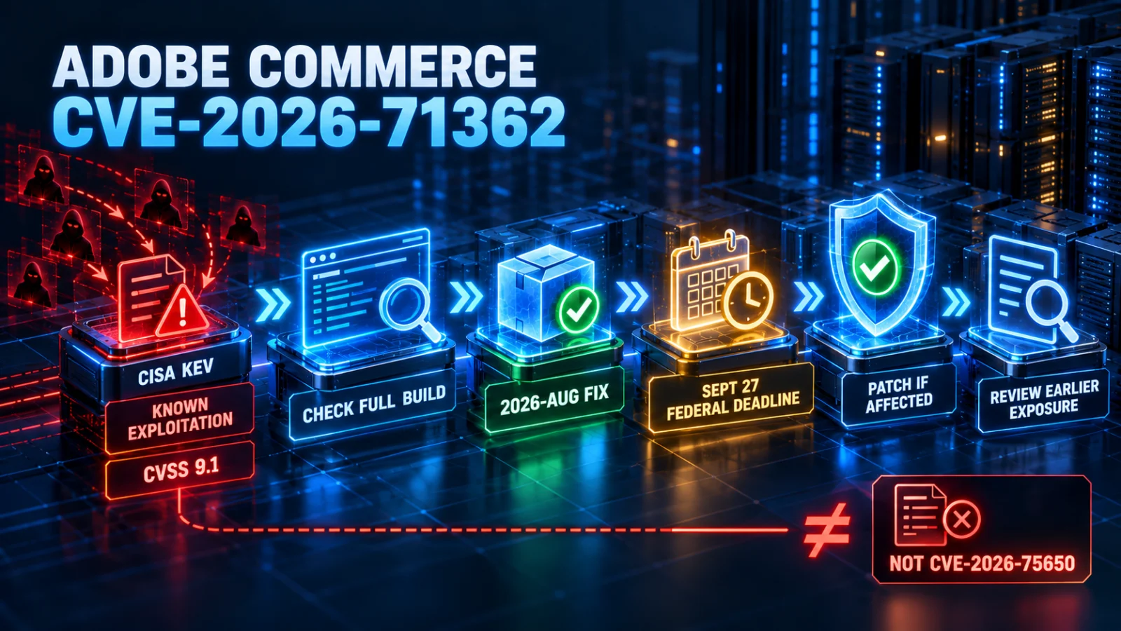 Infographic showing Adobe Commerce CVE-2026-71362 KEV status, patch verification and federal remediation date