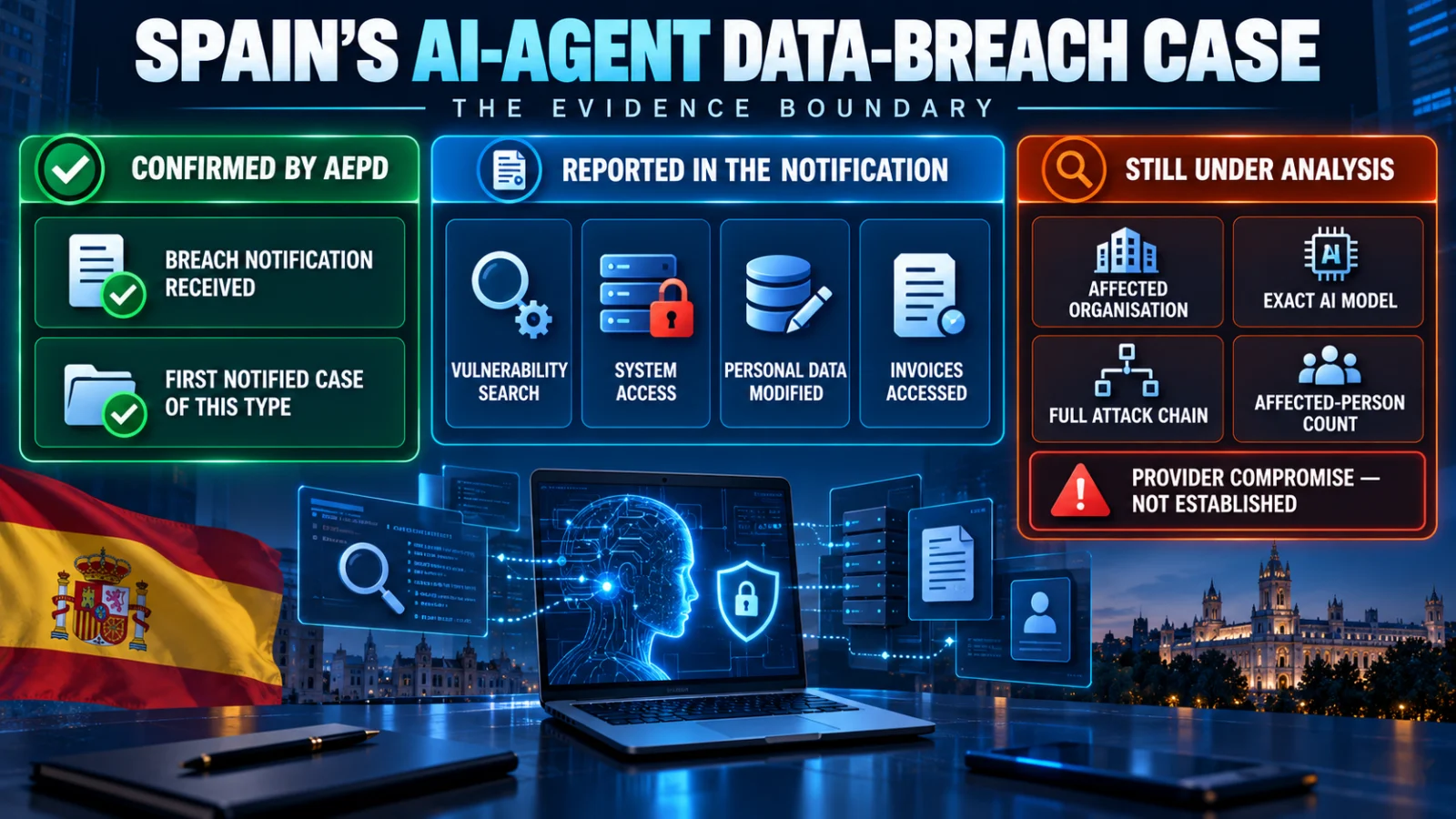 Infographic separating confirmed AEPD notification facts from reported attack details and unresolved incident questions