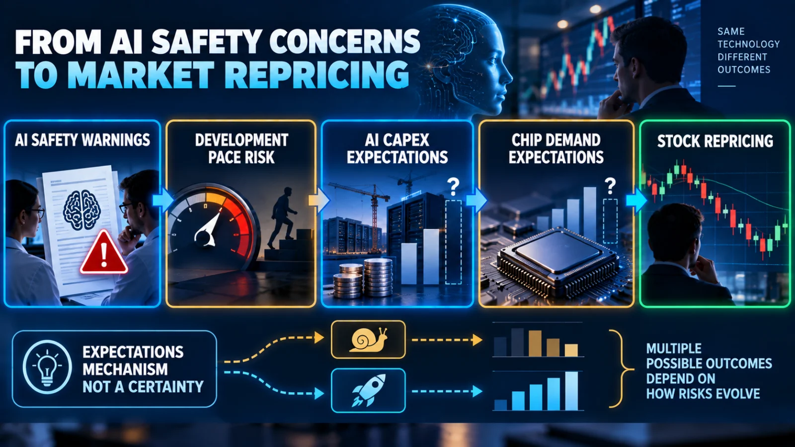 Diagram showing how AI safety concerns can affect capital spending and AI-linked stock valuations