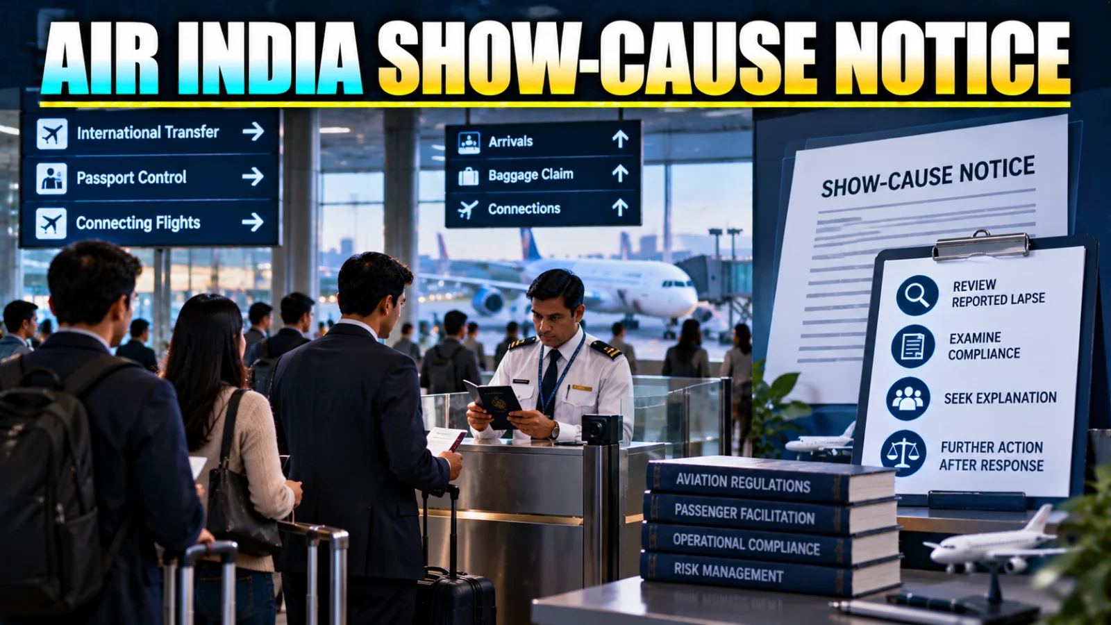 International airport immigration checkpoint illustrating the Air India immigration lapse show-cause notice
