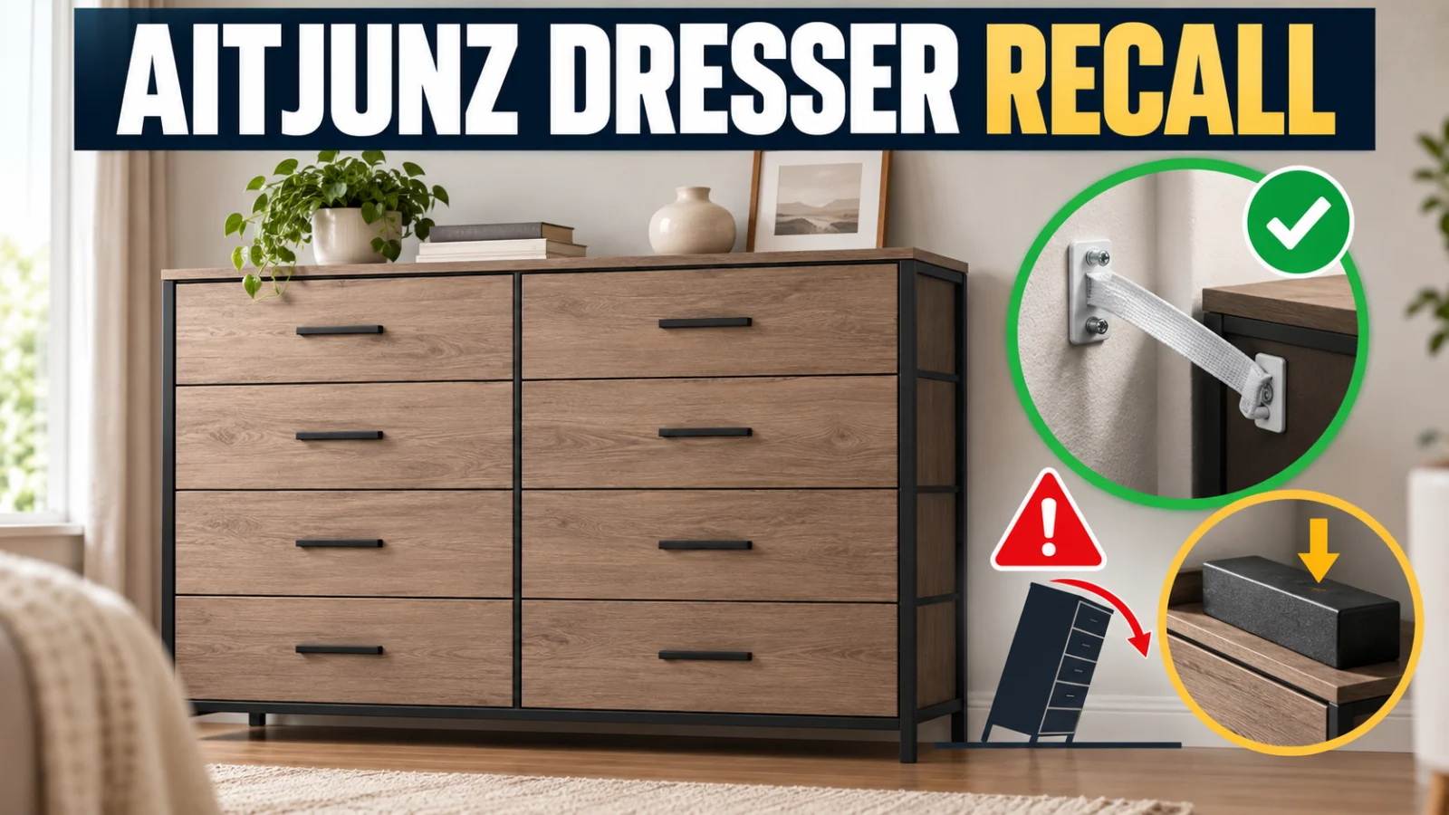 Editorial illustration of an eight-drawer dresser recall with wall-anchor and retrofit safety cues