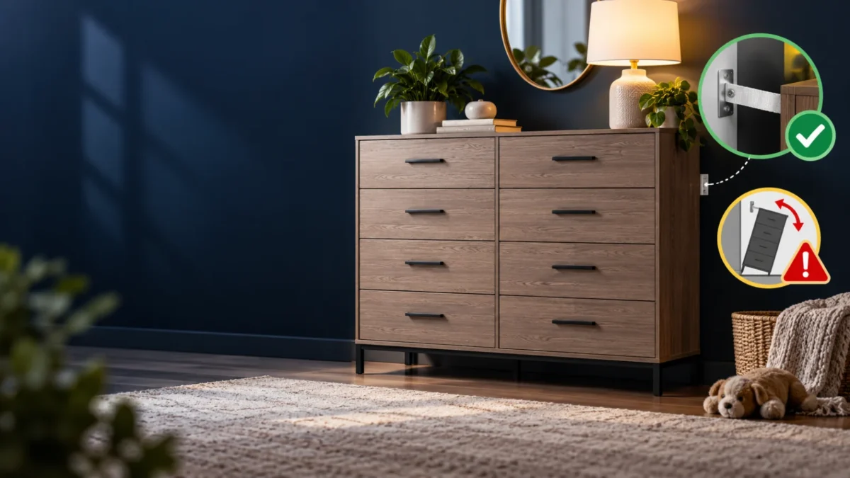Eight-drawer dresser with wall anchoring and tip-over safety symbolism for the Aitjunz recall