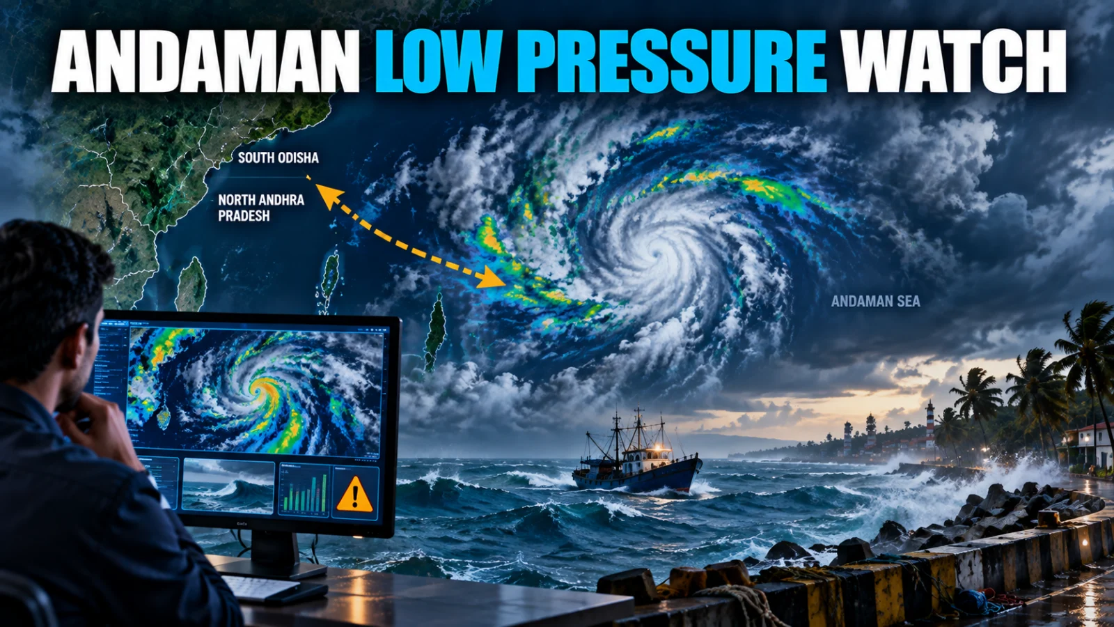 Editorial illustration of an Andaman Sea low-pressure system with rain, rough sea and coastal monitoring