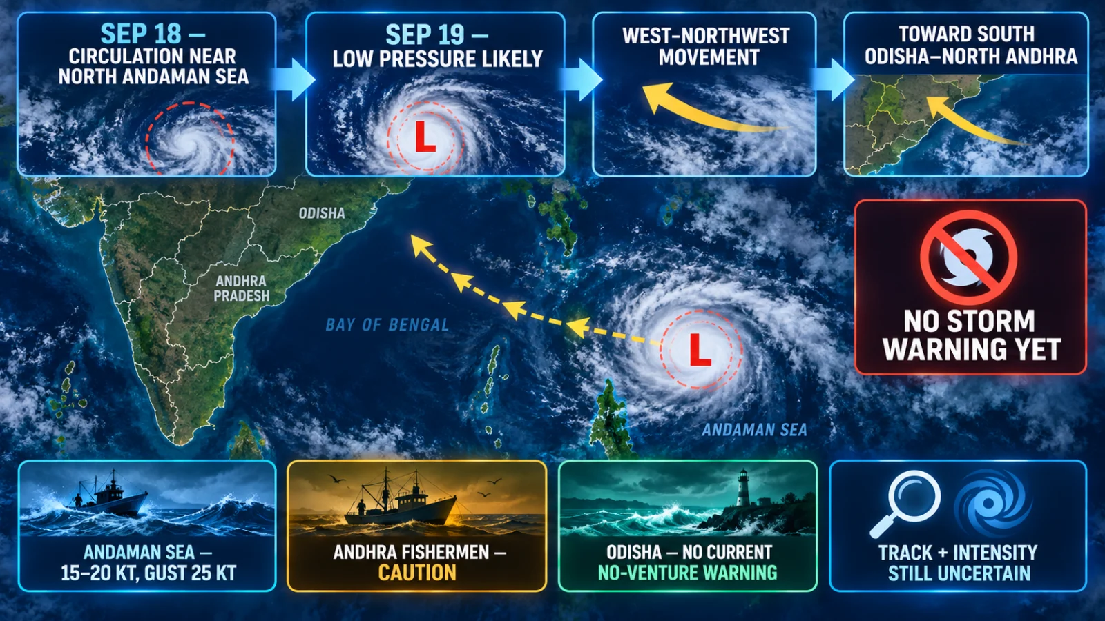 Andaman Sea low-pressure forecast infographic showing formation timing, movement corridor and current warning state