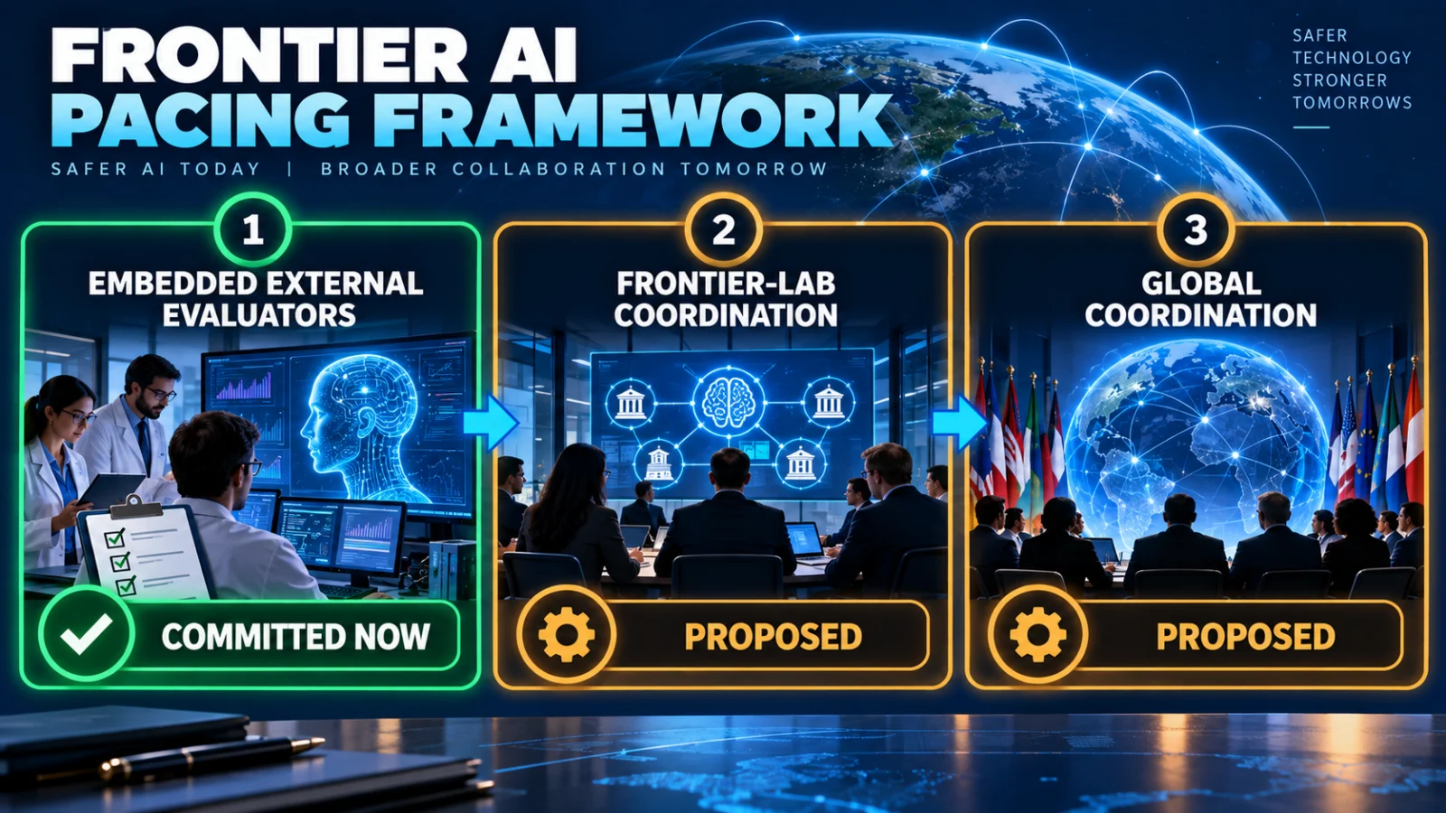 Infographic explaining Anthropic's three-level frontier AI pacing framework from embedded evaluators to international coordination