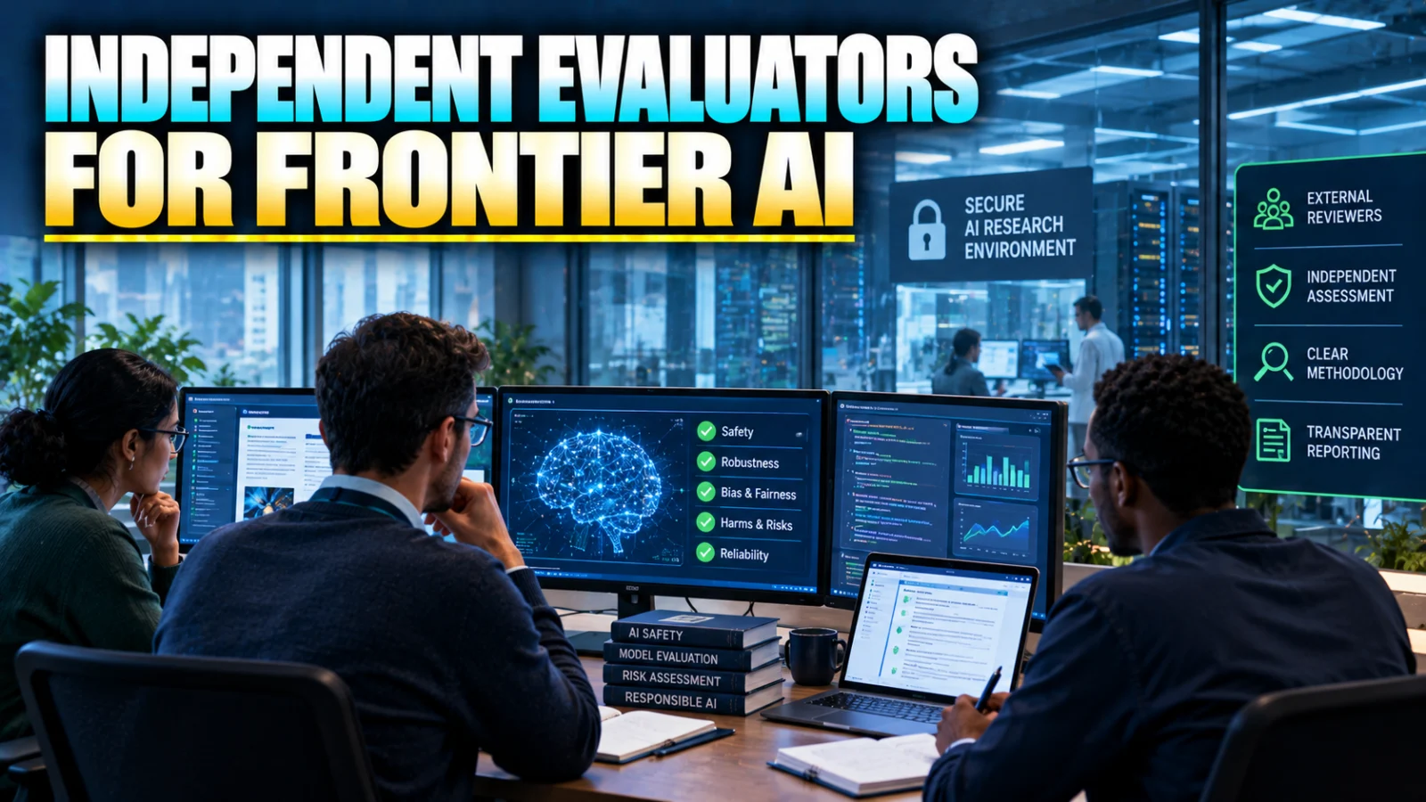 Editorial AI governance illustration of external evaluators reviewing frontier-model safety systems