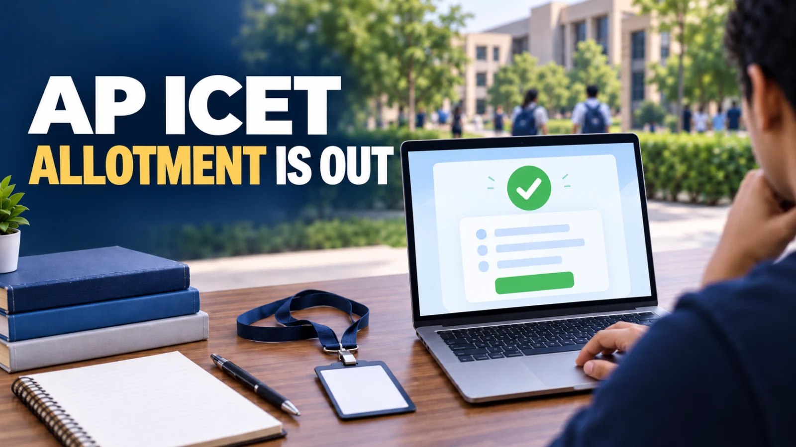 Editorial image showing an AP ICET candidate checking the Phase 1 allotment result before college reporting