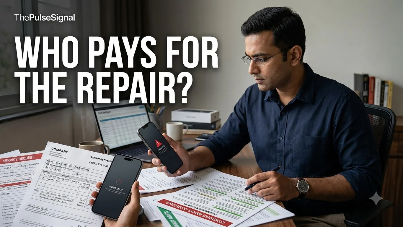 Smartphone user reviewing a software update repair dispute and warranty documents