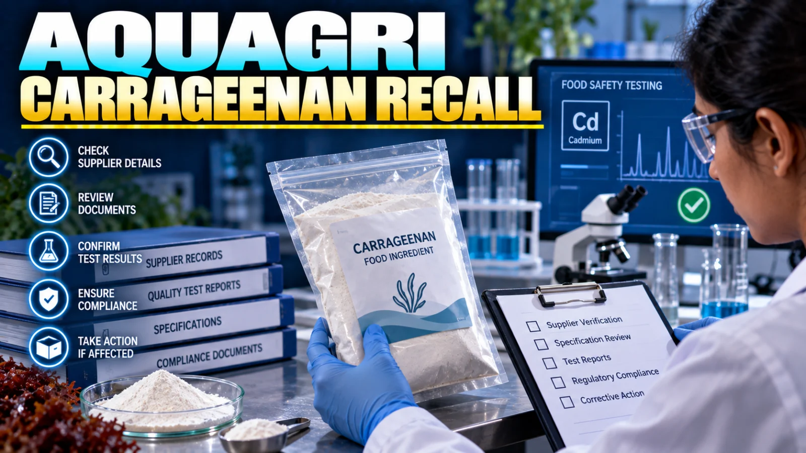 Food industry quality professional reviewing carrageenan ingredient traceability records