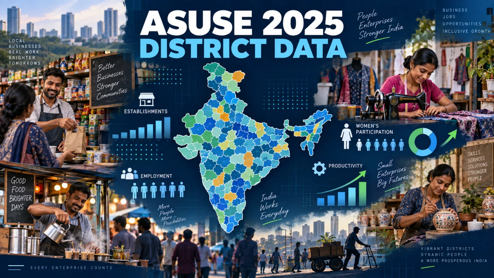 India district business data visualization with small enterprises, workers and statistical comparison symbols