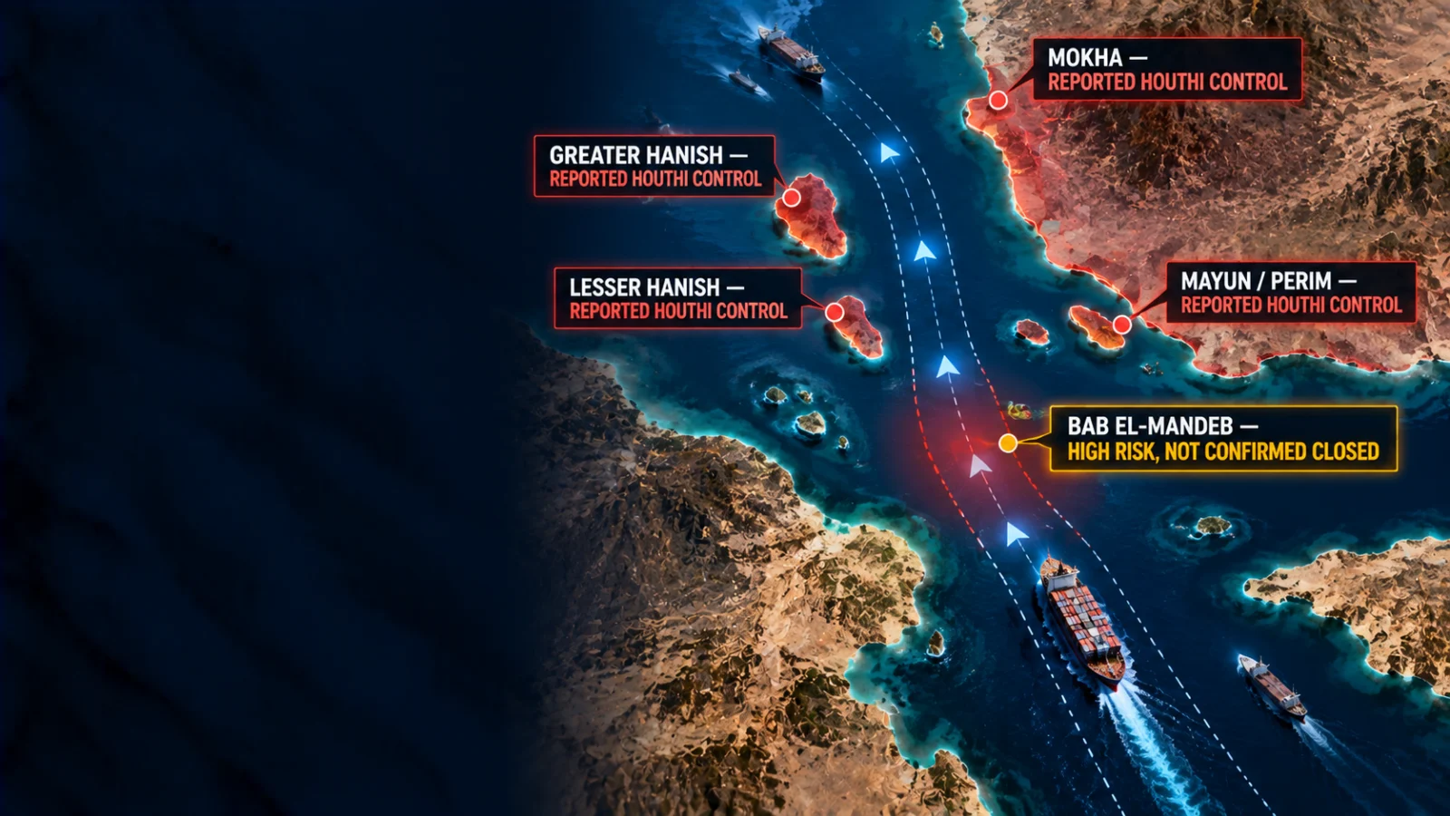 Diagram showing Mokha, Mayun and the Hanish Islands as territorial gains while Bab el-Mandeb remains a high-risk but not confirmed closed shipping route