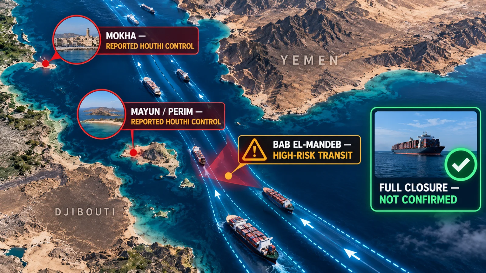 Diagram explaining how Mayun and Mokha affect Bab el-Mandeb shipping risk without proving closure
