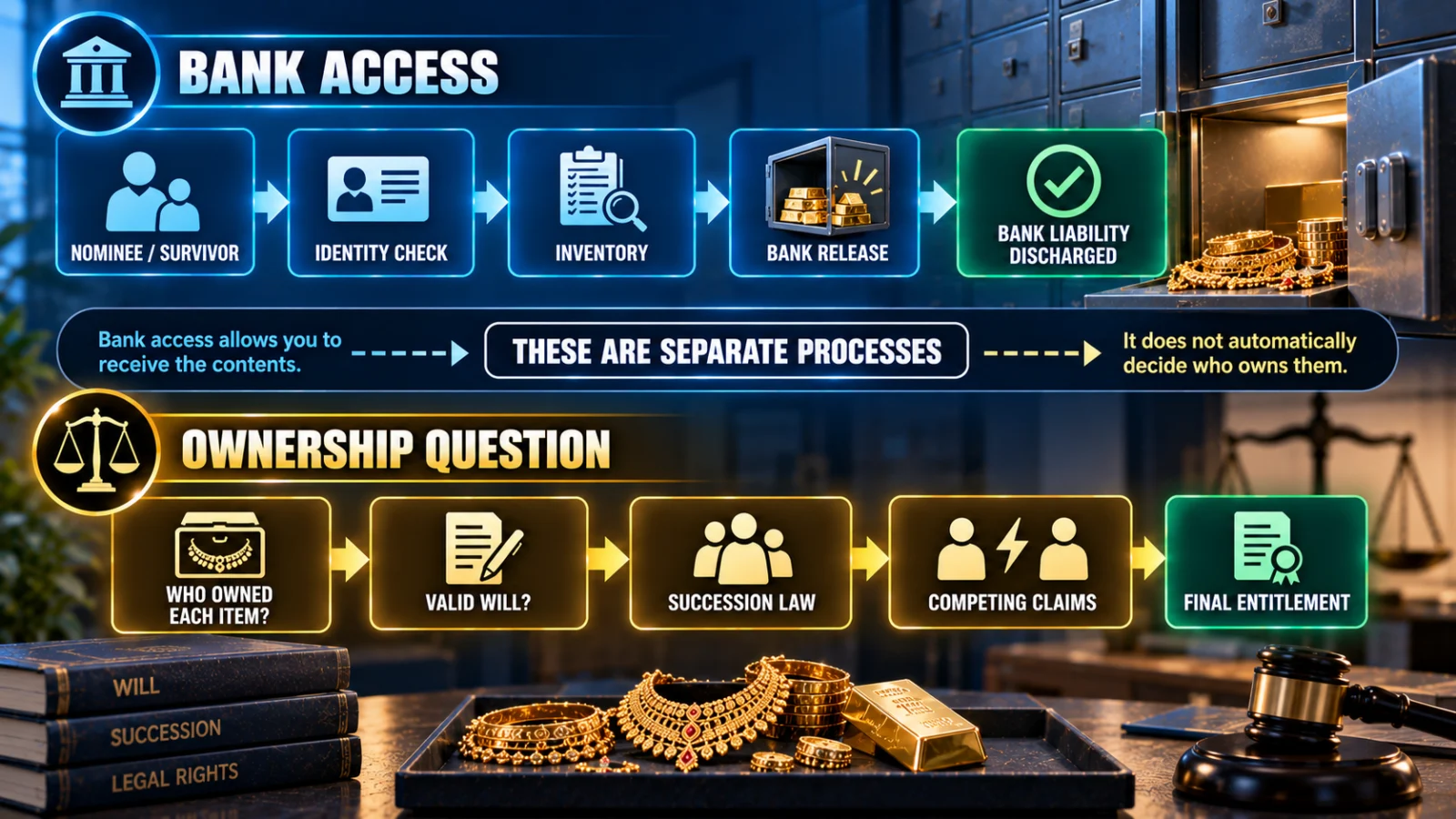 Infographic separating bank locker nominee access from legal ownership of gold after the locker holder dies