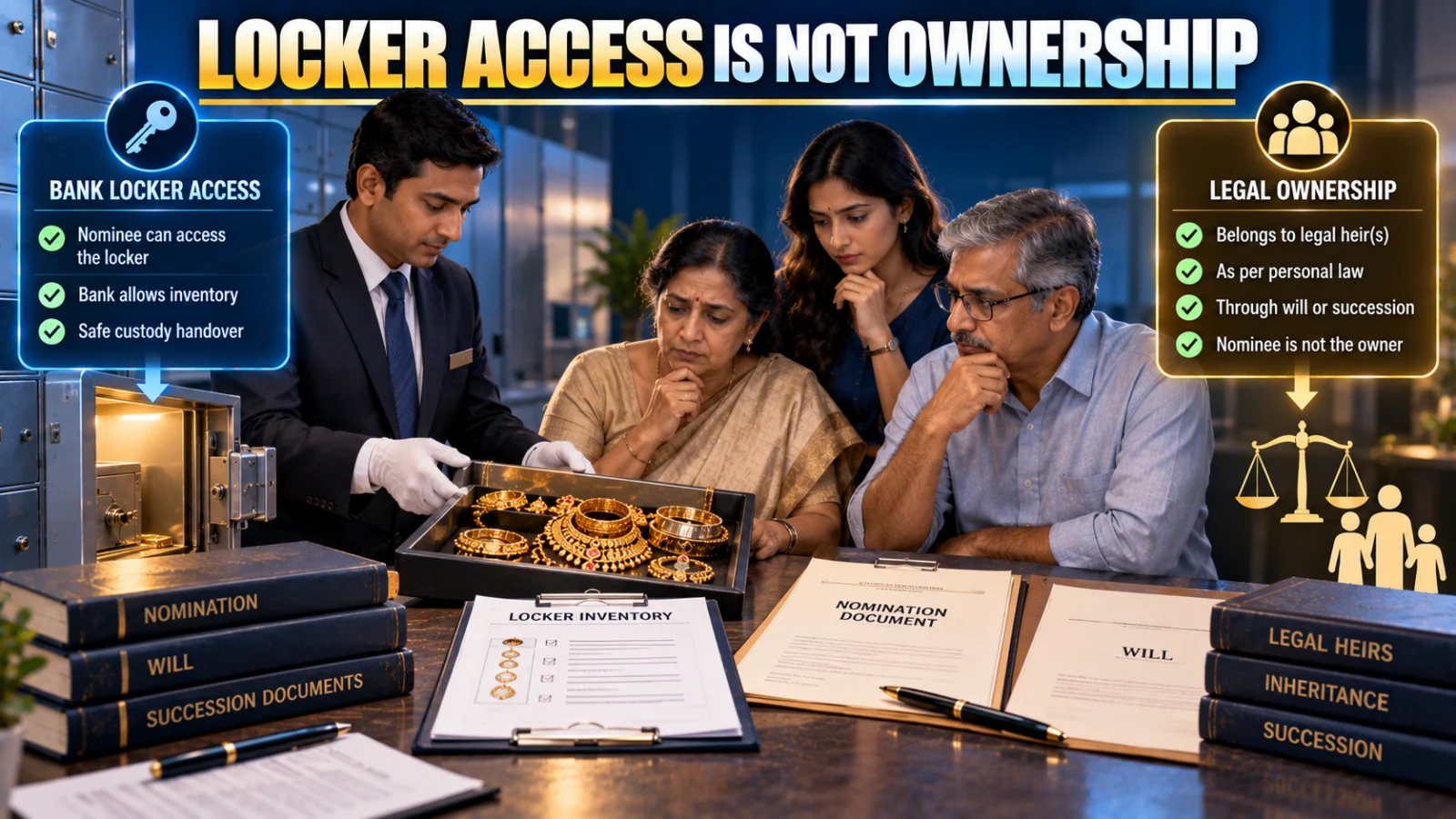 Indian family reviewing bank locker jewellery, nomination papers and inheritance documents after a death