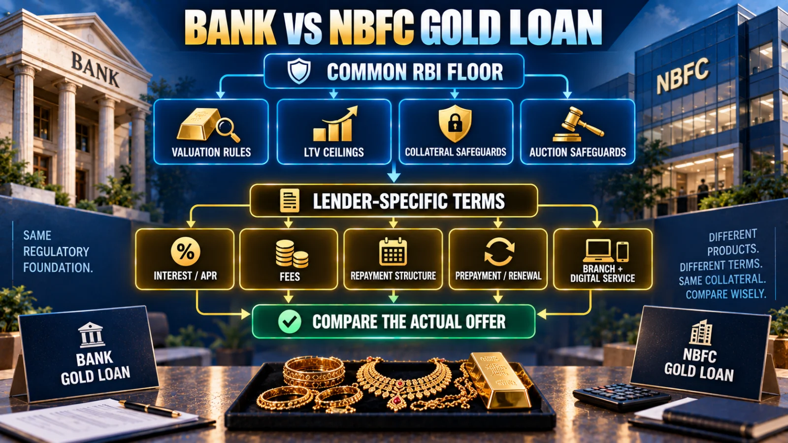 Infographic separating common RBI gold-loan rules from lender-specific bank and NBFC terms