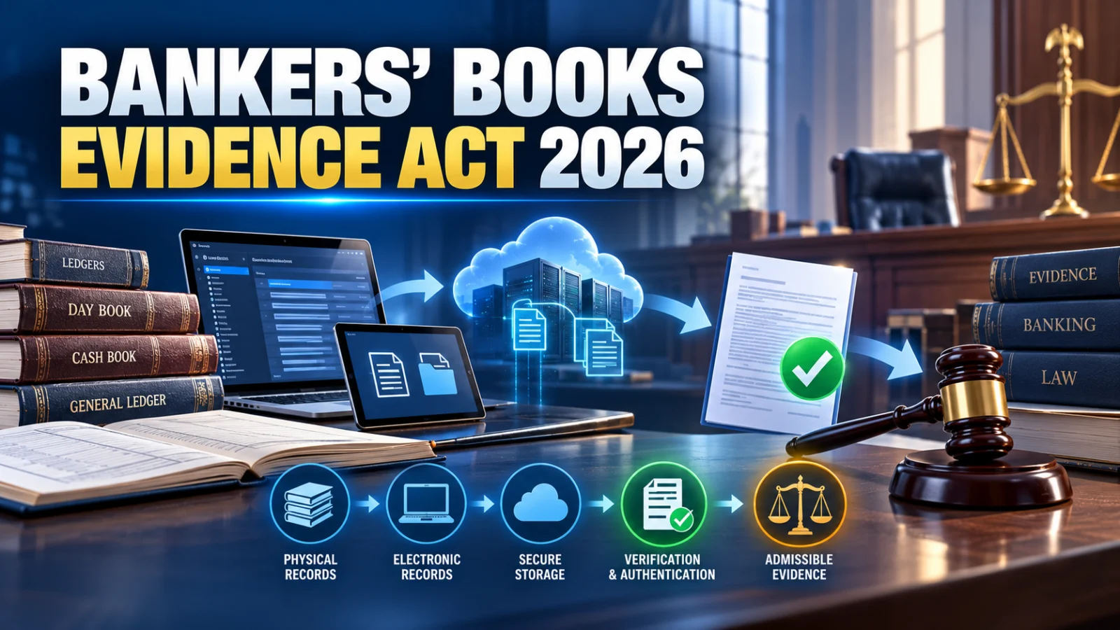 Editorial illustration showing physical and digital banking records being verified for use as legal evidence