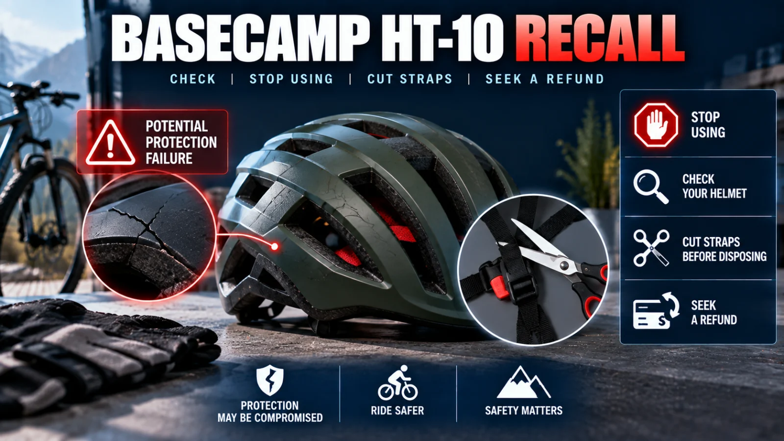 Editorial illustration of a recalled bicycle helmet with stop-use and refund cues