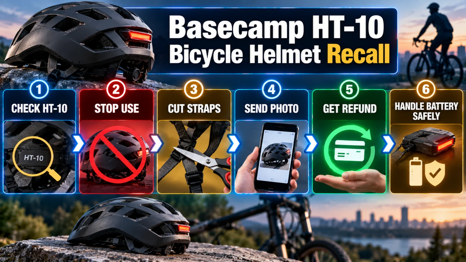 Infographic showing the Basecamp HT-10 recall action path from model check to refund