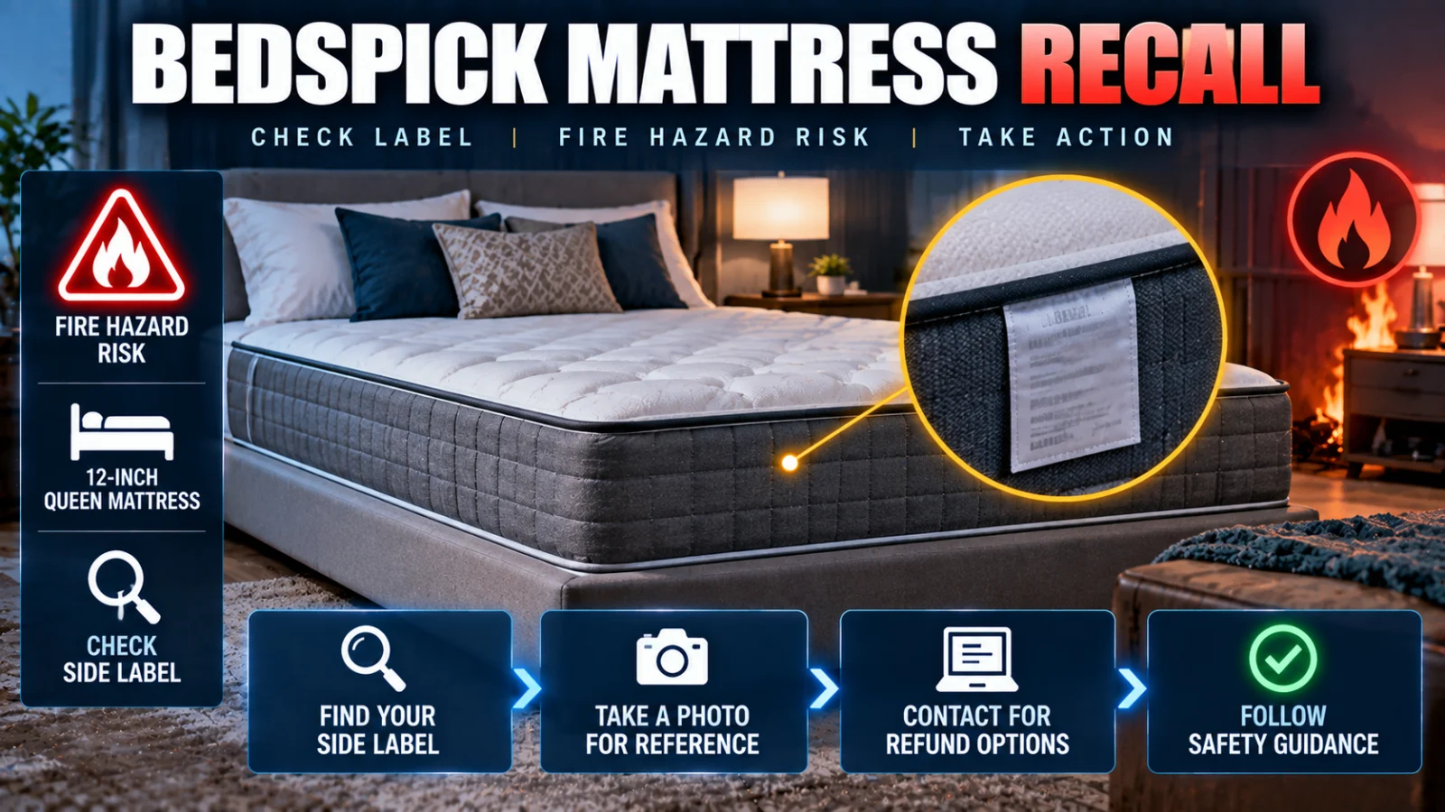 Queen mattress with identification-label and fire-hazard recall cues
