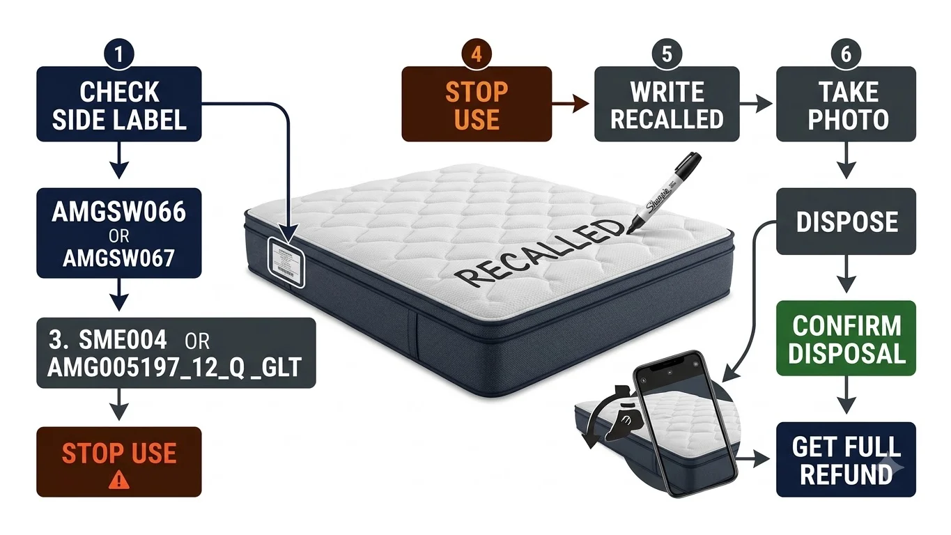 Infographic showing BedsPick mattress label verification, stop-use, destruction, photo and refund steps