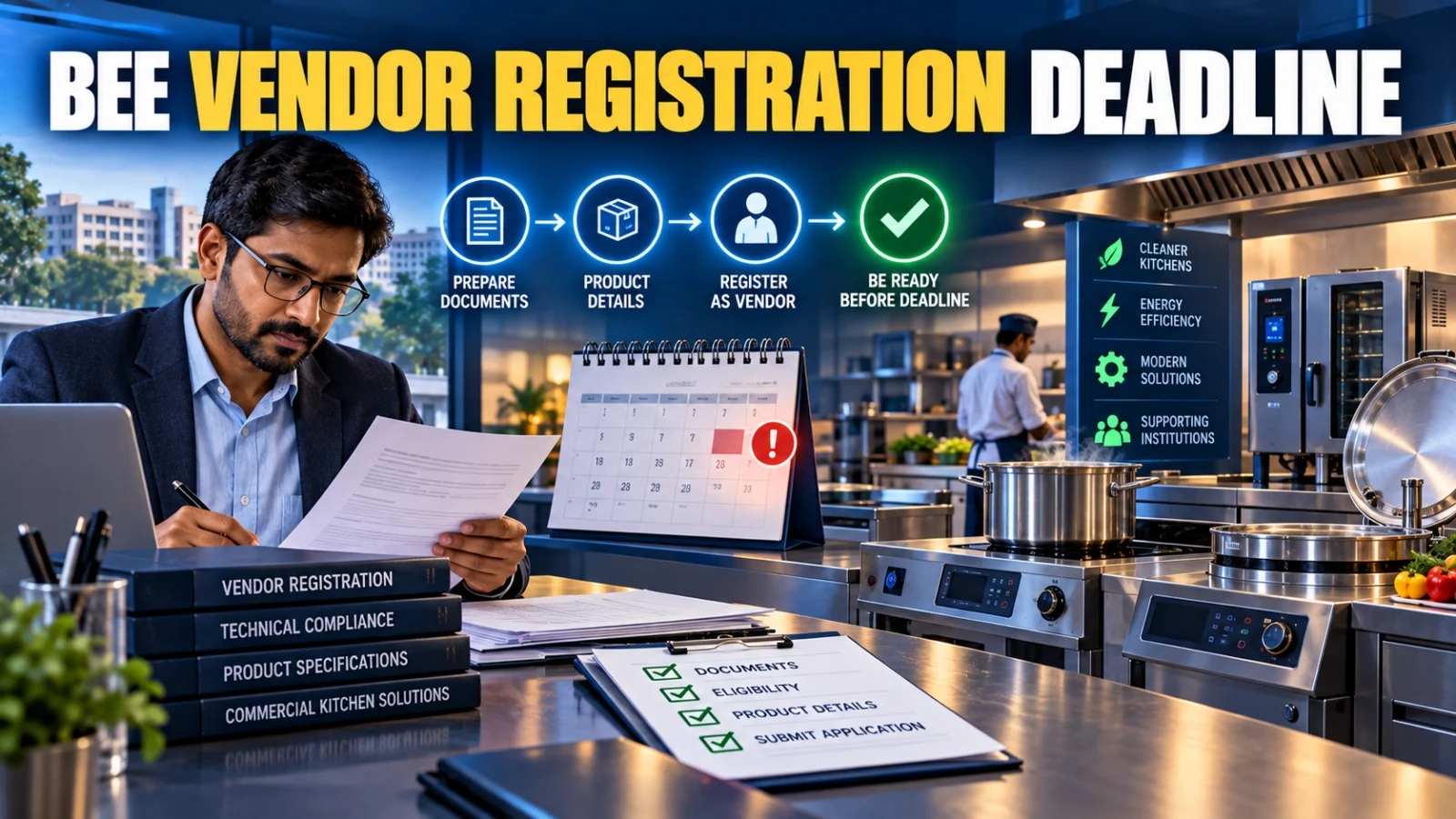 Commercial electric kitchen supplier reviewing vendor registration documents beside induction equipment