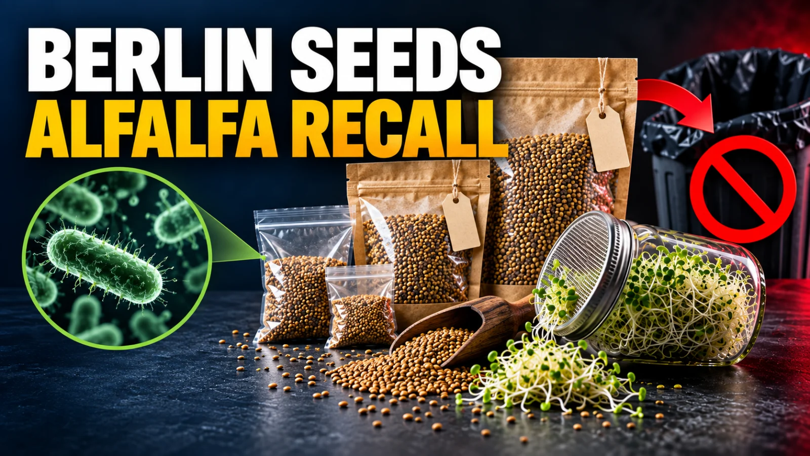 Editorial illustration of recalled alfalfa sprouting seed packages and a stop-use food-safety concept