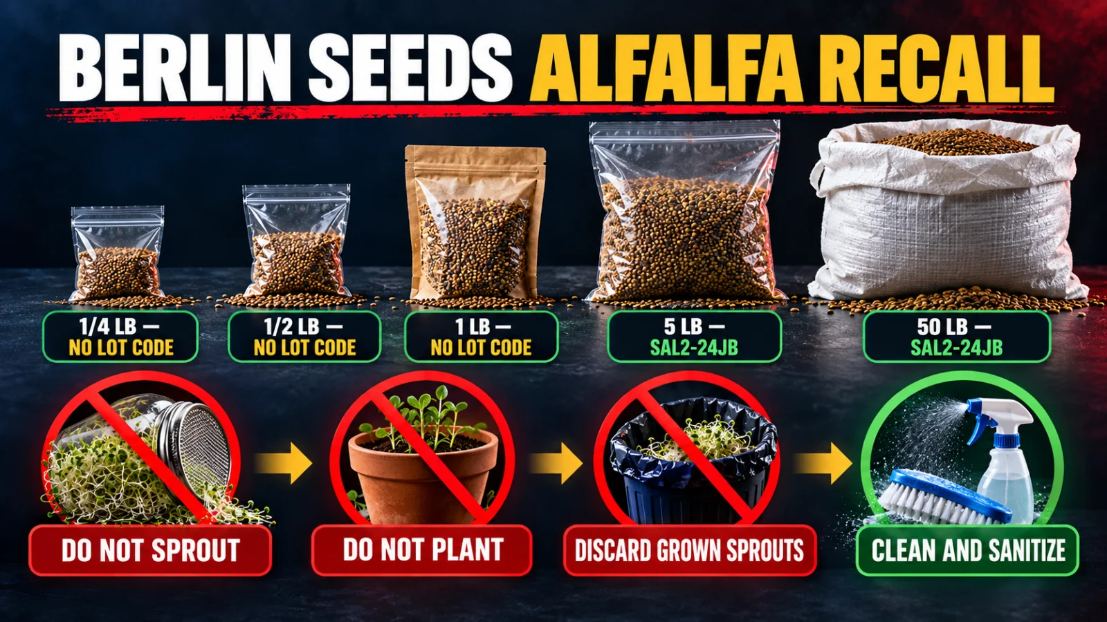 Infographic showing Berlin Seeds alfalfa recall package sizes, lot-code differences and safe disposal steps