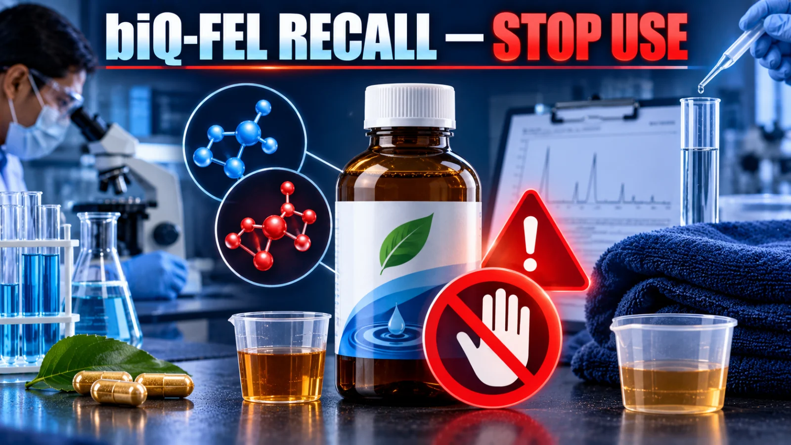 Editorial consumer-safety illustration of a recalled liquid supplement bottle with medication-risk warning cues