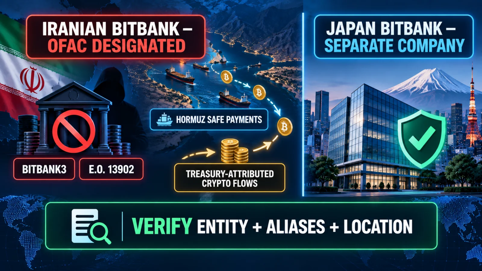 Infographic distinguishing sanctioned Iranian BitBank from Japan’s unrelated bitbank and showing the Hormuz payment link